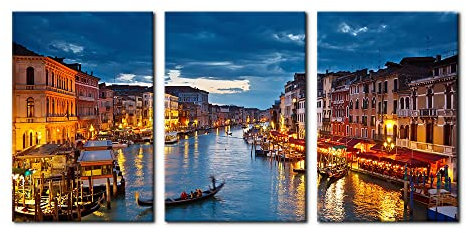 Pacimo 3-teiliges Leinwanddrucke Venedig mit Nachtansicht Giclée, Wandkunst, Italien, Venedig Canal Grande bei Nacht, Bild, Gemälde auf Leinwand, Poster, modernes Kunstwerk, gespannt und gerahmt,
