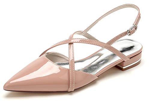 Charmstep Ladies Flat Bridal Shoes Cross Strap Pointed Toe Ballet Pumps Patent Leather Slingback Wedding Dress Sandals U18448-9,Nude,5 UK