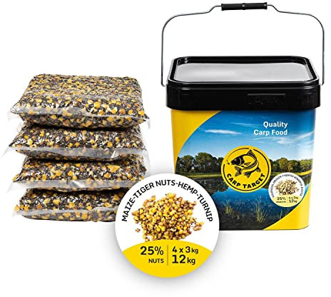 Carp Target - Partikelmix mit Eimer 17 L - Enthält fertige Körner für die Karpfenmethode - Mix natürliches Futter zum Anlocken von Karpfen - 12 kg - Vakuumverpackt 3 x 4kg