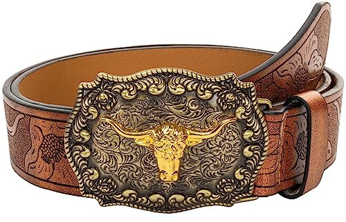 INOGIH Western Cowboy Leder mit Stier Muster Schnalle Gürtel Vintage Taillengürtel für Damen und Herren, Braun, 47''Length Suit for Waist 36''-41''