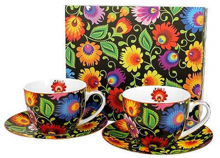DUO ETNO 2er-Set Tassen 250 ml ETNIC mit Untertassen, New Bone China Porzellan