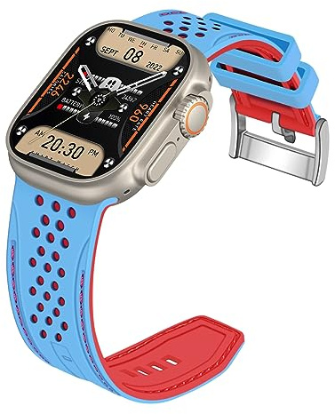 YISIWERA Kompatibel mit Apple Watch Armband 38mm 40mm 41mm Silikon Gummi Armbänder für iWatch Ultra/Ultra 2/Serie 9/8/7/6//5/4/3/2/1/SE Eisblaues Oberteil Rotes Unten Silberschnalle