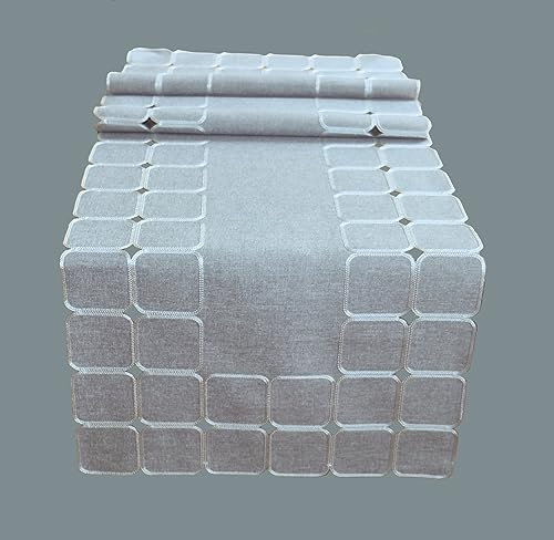 Raebel Tischläufer 40 x 85 cm Ecru hellgrau Kurbelstickerei Quadrate Tischdecke Tisch Deko Karo modern edel