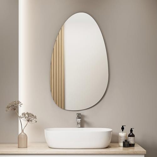 S'AFIELINA Design Spiegel Rund Dekorativer Wandspiegel 85 x 50 cm Glas HD Asymmetrischer Runder Spiegel mit Vier Aufhängelöchern für Badezimmer Schlafzimmer Flur Wanddekoration
