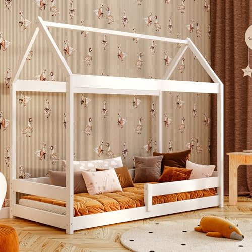 YOUKO Hausbett Kinder Ben 160x80 aus Kiefernholz - Kinder Bett Für einen Jungen und EIN Mädchen - Montessori Bett Schlichten Stil - Hausbett White