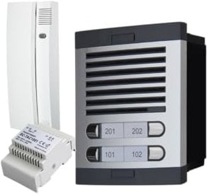 Kit de Portero Automático - 2 Hilos,facil instalación, para comunidades 4 viviendas Completo, Placa de Calle, Caja, alimentador DIN 12Vac/1A y 4 teléfonillos