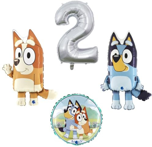 4 teiliges Ballonset mit Bluey und Bingo einer Ballonzahl mit der Nummer 2 in Silber und ein runder Ballon