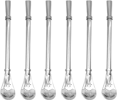 Cuchara para pajitas de acero inoxidable de 6 piezas, cuchara para pajitas 2 en 1 con cuchara de filtro reutilizable, cuchara coladora, cucharilla para té, café, té con limón, jugo, batidos y cócteles