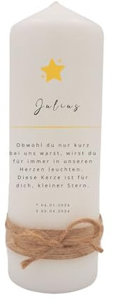 Milaboo® Trauerkerze personalisiert mit Band und Schleife I Erinnerung an geliebte Menschen I 20 x 8 cm Kerze I Andenken an verstorbene und Geschenk für trauernde (Stern)