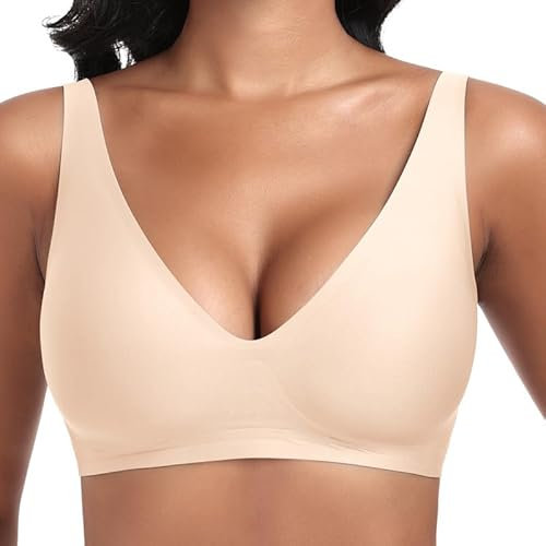 Jiuday Tiefer V Push Up BH ohne Bügel for Damen Bequemer BH für Große Brüste Starker Halt Seamless Soft Bra Bügelloser Gepolstert Nahtloser Glatter Bralette (Beige,XL)