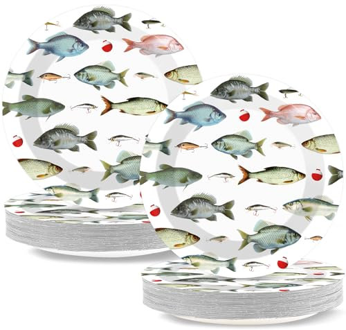 CHUNNIN 50PCS Gone Fishing Party for Fishing Themed Party Decoration 7Inches Ofishally One Birthday Party Plates Gone Fishing Disposable Dessert Plates for Little Fisherman Birthday Party Supplies