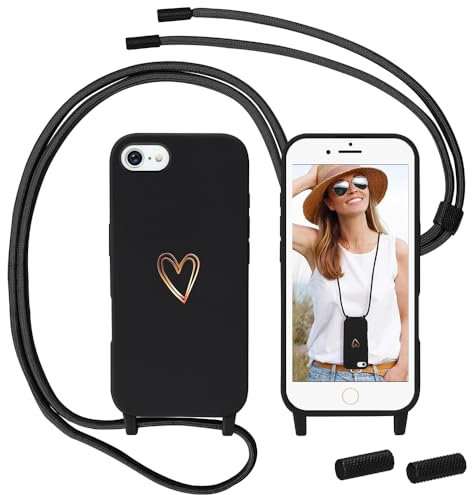 Handyband kompatibel mit iPhone SE 2022/2020/iPhone 8/iPhone 7 Hülle mit Band, MoEvn Handyhülle mit Kordel für zum Umhängen Herz Muster Silikon Case Stoßfeste Schutzhülle mit Abnehmbar Kette, Schwarz