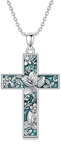 HARMONY BOLA Türkis Lilie Kreuz Halskette 925 Sterlingsilber Lilie Anhänger Türkis Blumenschmuck Muttertag Geburtstag für Frauen Mutter