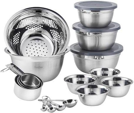 VonShef 20Pc Mixing Bowl Set, Stainless Steel Mixing Bowls with BPA-Free Lids to Keep Food Fresh, Measuring Cups & Spoons & Strainer, Dishwasher-Safe Nesting Baking Bowl Set