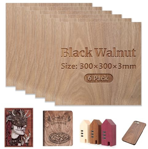Uadme Compensato 3mm, 6 Pezzi 300 x 300 x 3 mm Fogli di Legno Sottili, Pannelli In Legno Compensato, per Bricolage, Pirografia, Laser Incisione, Legno da Decorare (Legno di Noce Nera)