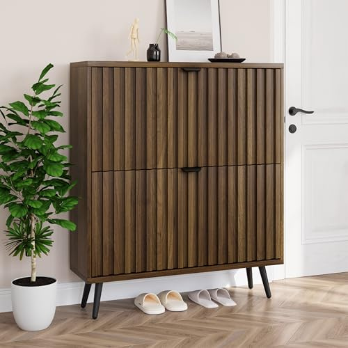 Smuxee Schuhschrank mit 2 Klappschubladen, 80 cm, Walnussholz, versteckter Schuhschrank mit geriffeltem Design, freistehender Schuh-Organizer für Eingangsbereich, Flur, Schrank, Wohnzimmer