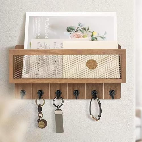 acfeco Schlüsselbrett Holz mit Ablage, Schlüsselhalter Wand mit 6 Schlüsselhaken, Hängen Schlüsselbord Vintage Heim Dekor Wandorganizer für Eingang Wohnzimmer Flur Küche Büro