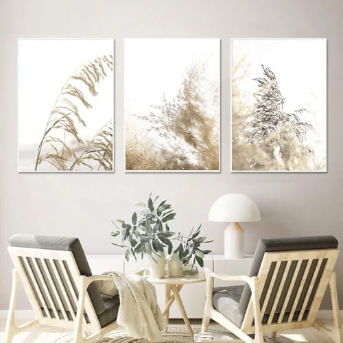 Kunstplakate, 3-Teilig Beiges Heu-Schilf-Landschaftsbild Pampas-Druck Leinwandbild Malerei Kunstplakat Zeichnung Nordische Wandkunst Bilder Wohnzimmer Küche Heim Dekoration - 40*60Cm (Ungerahmt)