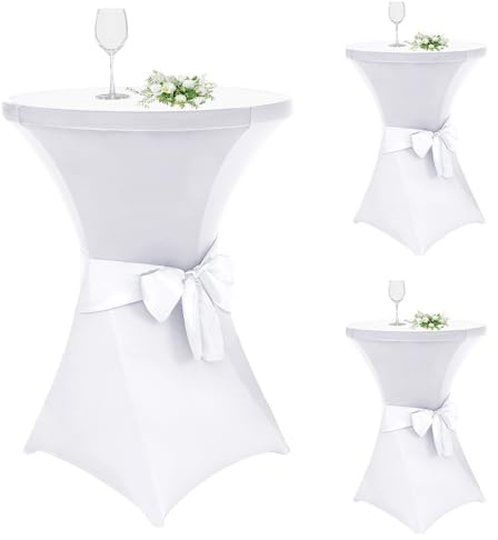 Alishomtll 3er Set Stehtisch Hussen mit Schleife, Ø70cm Stretch Stehtischhussen, Elegante Elastische Tisch-Überzug Hussen für Bistrotisch Runde Stehtisch Bankett Hochzeit (Ø70x110cm, Weiß)