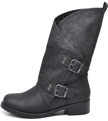 IF Fashion Scarpe da Donna Stivali Stivaletti Biker Fibbie Anfibi Primaverili Estivi G697 Nero N.37
