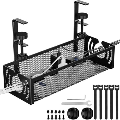 Under Desk Cable Management Tray, Metal Mesh Cable Management Under Desk No Drill, Cable Tray with Clamp Mount for Wire Management, Cord Organizer for Home Office, Black