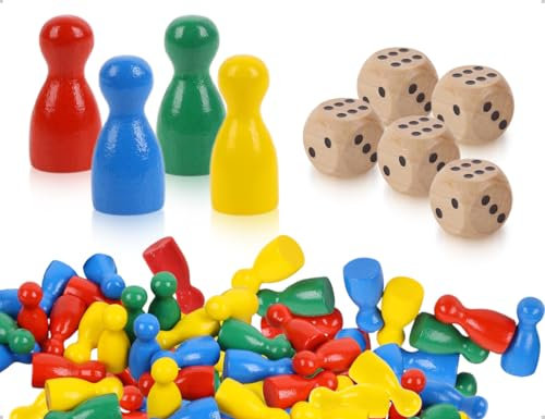 Emezddo 80 Stück Spielfiguren für Brettspiele,Holz Halmakegel,Flaschenkegel mit 5 Holz Würfe,verwendet für Zuhause,Schule,Party, Kinder,Senioren(Rot,Blau,Grün und Gelb)