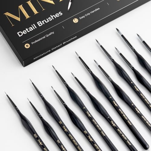 JusArt Miniature Paint Brushes 12 PCS, Fine Tip Model Paint Brushes, Black | Fine Paint Brushes for Detail, Fine Detailing for Model Painting - Acrylic, Watercolor, Oil, Rock Painting & Paint by Number