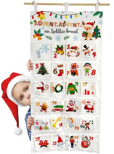 Adventskalender 2025 zum Befüllen – Stoff Wandkalender mit 24 großen Taschen, wiederverwendbarer DIY Weihnachtskalender zum Aufhängen für Kinder & Familie, nachhaltige Deko für Weihnachten 102×51 cm