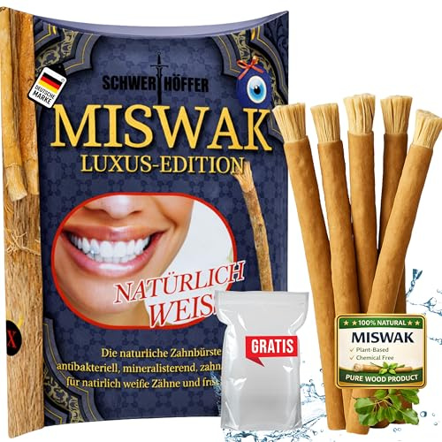 Schwerthöffer Miswak Zahnbürste (5er Pack) – Natürliche Miswaks Zahnbürste ohne Fluorid – miswak stick swak natürliche bambus bamboo holzzahnbürste für weiße Zähne & Mundpflege inkl. Beutel