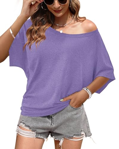 WNEEDU Maglietta Donna Manica Corta Estiva T Shirt Fuori Spalla Girocollo Top Elegante Sciolto
