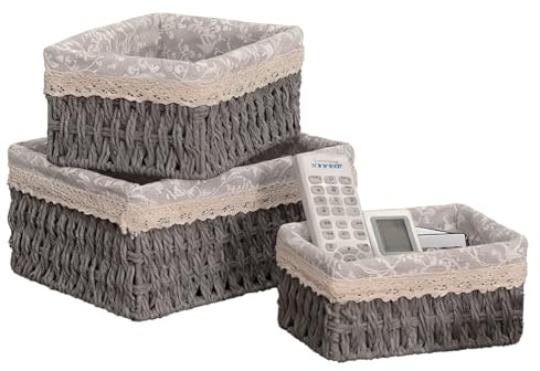 wocpvm 3-teiliges Aufbewahrungskorb-Set,Geflochtene Körbe Aufbewahrung im Boho-Stil, dekorative Körbchen für Zuhause, Büro, Bad & Schlafzimmer(Grau)