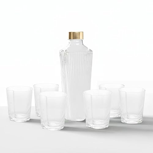 Zafferano Handy 6er Set Bunte Geriffelte Trinkgläser + 90 cl Borosilikatglas Flasche mit austauschbaren Gold und Silberdeckeln, italienisches Design, Geschenkbox, Klar