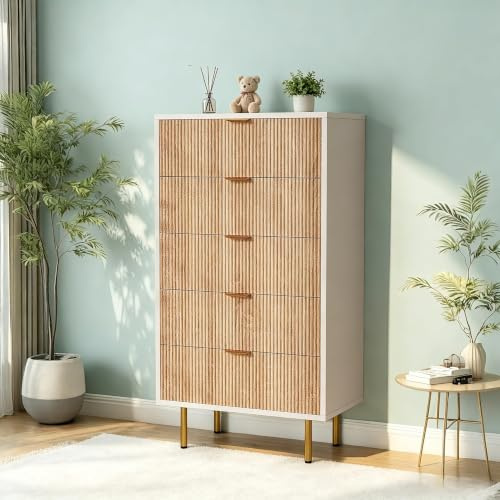Aparador de ratán con 5 cajones, mesitas de noche para dormitorio, cómoda de almacenamiento, aparador con cajones, cómoda estrecha, armario para salón (color madera natural + blanco, 60 x 34 x 109,8