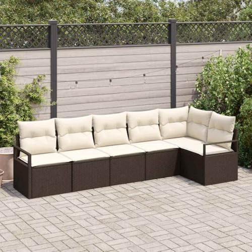 PHGTYUK Gartensofa-Set mit Kissen 6-teilig in Braun und Weiß aus strapazierfähigem Poly-Rattan, inklusive Eckbank, Armsofas und wasserfester Aufbewahrungstasche für Terrasse