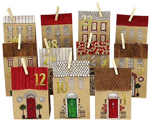 Papierdrachen DIY Adventskalender Kraftpapier Set - Häuser zum Ausmalen - mit 24 braunen bedruckten Papiertüten zum Ausmalen und selbst Befüllen - Weihnachten 2022