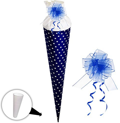 Schultüte/Rohling - blau - Sterne weiß - einfarbig bunt - 35 cm - rund - incl. Schleife - mit Filzabschluß - Zuckertüte - mit/ohne Kunststoff Spitze -..