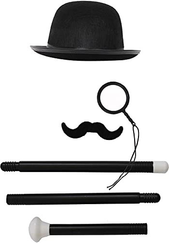 Unisex Old Fashion Viktorianisches Zubehör-Set – schwarze Bowlerhut, Monokel, falsche lockige Fase und Gehstock