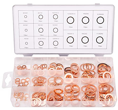 Toolwiz Arandelas de Cobre 150 pcs 15 Tamaños Arandela Carter(M5-M17.5) Aceite Sellado Surtido de Kit de Anillo Plano para Tapones de Sumideros Agua Combustible y Accesorios Hidráulicos