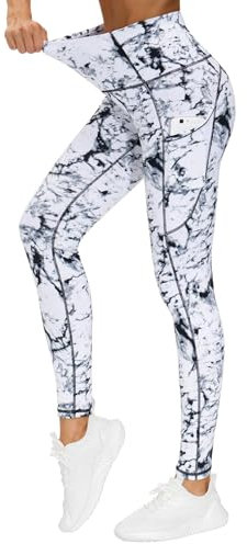 THE GYM PEOPLE Dicke Yogahose mit hoher Taille mit Taschen, Bauchkontrolle, Workout, Laufen, Yoga, Leggings für Damen, Marmor, M