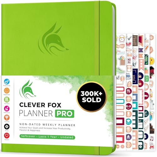 Clever Fox Planner PRO, Undated Weekly Planner, 21.5x28cm Lime Green | Large monthly & weekly life planner, undated layout, habit tracker, goal setting, to-do list, 120gsm paper, lay-flat binding