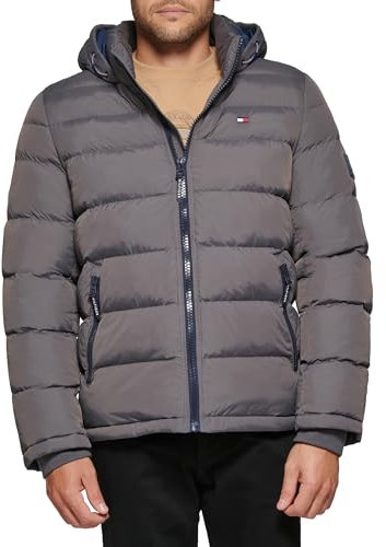 Tommy Hilfiger Men's Hooded Puffer Jacket Down Alternative Coat, Charcoal, XL