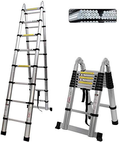 16.5FT Mult-Use Ladder 330lbs Capacity Aluminum Telescoping Telescopic Extension A Frame Ladder with Stabilizer Bar EN131 Certified (5M)