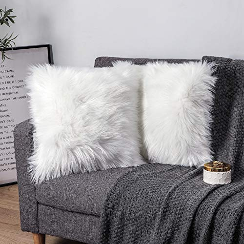 Sweetwill Pack of 2 Decorative Cushion Covers White 60x60CM Decorative Cushion Sheepskin Lambskin Faux Fur Long Hair Sofa Cushion Cuddly Cushion