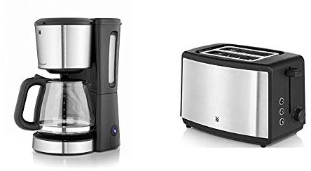 WMF BUENO Filterkaffeemaschine Glas, 10 Tassen, cromargan/silber, 1000 W & Bueno Edition Toaster Edelstahl, Doppelschlitz Toaster mit Brötchenaufsatz, 2 Scheiben, 7 Bräunungsstufen, 800 W