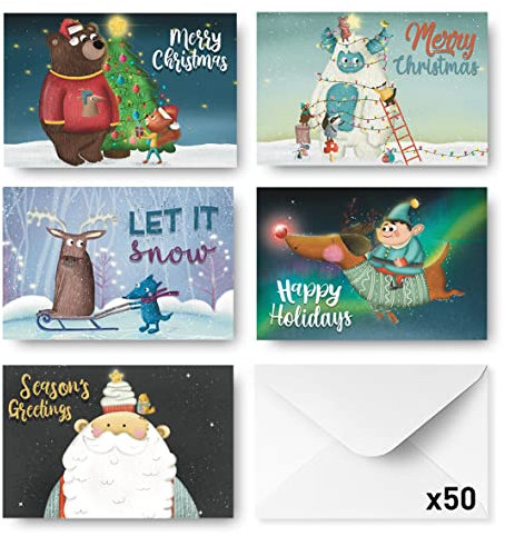 Rileys & Co Weihnachtskarten Multipack, 50 Stück Weihnachtskarten für Familienmitglieder, Goldfolie Weihnachtskarten mit Umschlägen, 5 verschiedene Designs mit Glitzer, niedliche Weihnachtskarten Pack