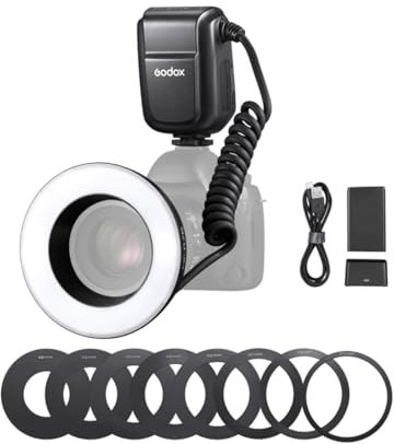 Godox MF-R76 Macro Ring Blitzlicht GN14 10 Stufen einstellbare Helligkeit mit 8 Stück Adapterring Große Kapazität Batterie Ersatz für Canon Nikon Sony Fuji Olympus Panasonic Pentax DSLR Kamera