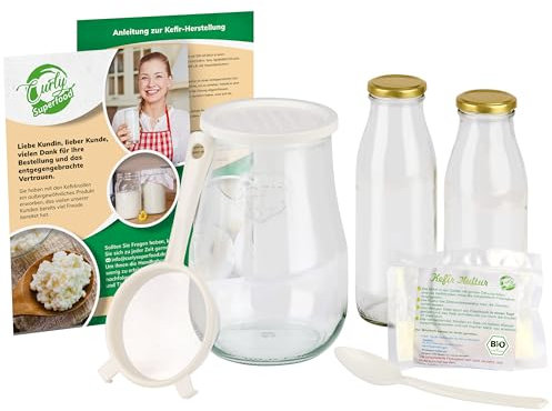 Curly Superfood Kefir Starter Set Bio - Kefirknollen aus deutscher Herstellung zum einfachen Herstellen von Milchkefir - Frischer Kefirpilz inkl. Kefir Zubehör & ausführlicher Anleitung
