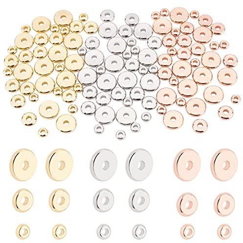 BENECREAT 108Pcs 9 Styles Brass Disc Spacer Beads, 3 Size Gold Silver Rose Gold Flat Jewelry Metal Spacers for Bracelet Necklace Jewelry Crafts Making