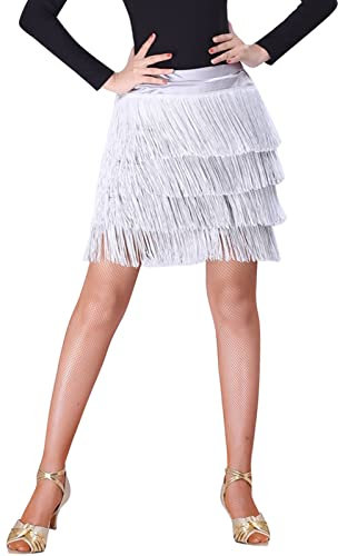 SEAUR Latein Tanzrock Damen Bauchtanz Hüfttuch Fransen Rock Ballsaal Rumba Cha Cha Samba Tanzkleid Silber Grau - XXL