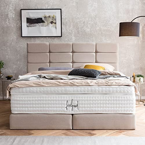 Designer Boxspringbett 180x200 Kansas Webstoff, ohne Topper, Polsterbett, Hotelbett, ohne Bettkasten, 7 Zonen Taschenfederkern-Matratzen, Aufbau KOSTENLOS (Beige, 180x200 cm ohne Topper)
